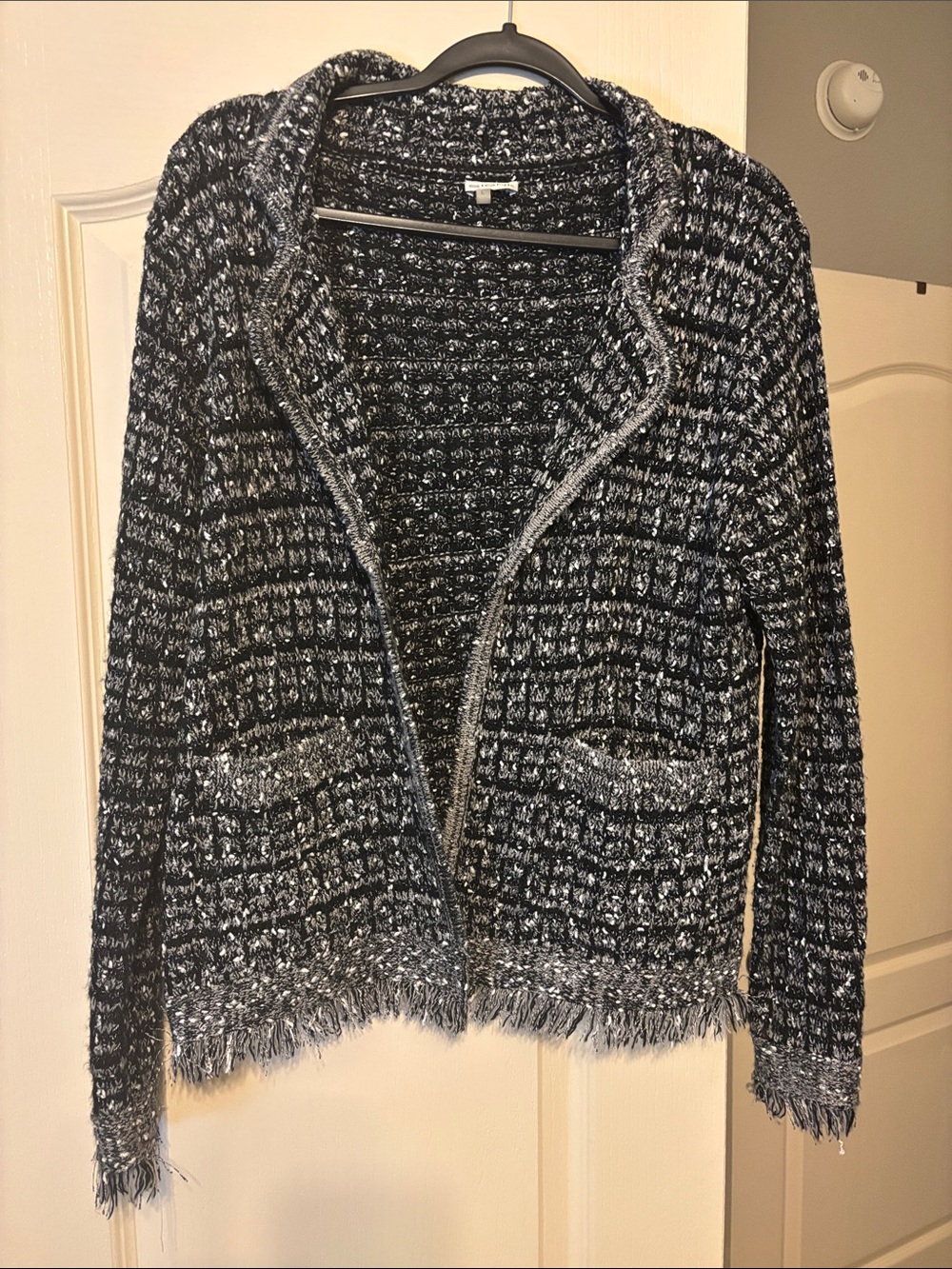 Black & White Textured Open Cardigan Sweater